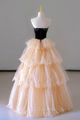 Champagne Sweetheart Tulle Layers Long Party Dress, Strapless A-Line Evening Prom Dress