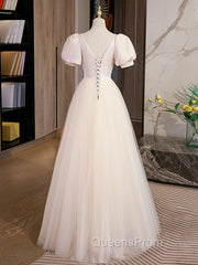 Champagne Tulle A Line Long Evening Prom Dress, Champagne Evening Graduation Dress