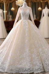Champagne Tulle Appliques Long Sleeve Beading Wedding Dress