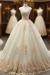 Champagne Tulle Ball Gown Off The Shoulder Appliques Wedding Dress