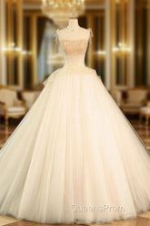 Champagne Tulle Beaded Long Evening Prom Dress, A-Line Evening Party Dress