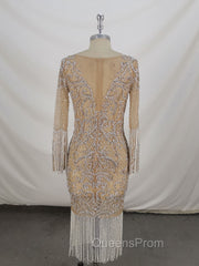 Champagne Tulle Beads Mermaid Short Evening Prom Dress, Champagne Evening Dress