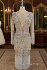 Champagne Tulle Beads Mermaid Short Evening Prom Dress, Champagne Evening Dress