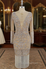 Champagne Tulle Beads Mermaid Short Evening Prom Dress, Champagne Evening Dress