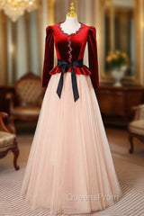Champagne Tulle Burgundy Velvet Long Sleeve Evening Prom Dress