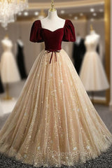 Champagne Tulle Burgundy Velvet Puff Sleeve Evening Prom Dress