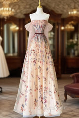 Champagne Tulle Emboidery Flower Evening Prom Dress