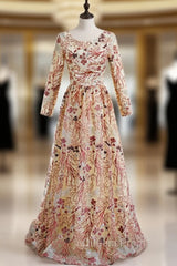 Champagne Tulle Embroidery Long Sleeve Evening Prom Dress