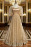 Champagne Tulle Embroidery Puff Sleeve Evening Prom Dress