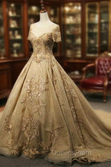 Champagne Tulle Embroidery Short Sleeve Backless Haute Couture Wedding Dress