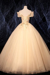 Champagne Tulle Flowers Off Shoulder Sweet 16 Party Dress, Long Prom Dress, Formal Gown