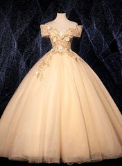 Champagne Tulle Flowers Off Shoulder Sweet 16 Party Dress, Long Prom Dress, Formal Gown