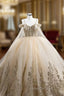 Champagne Tulle Gold Sequins Appliques Spaghetti Straps Pearls Evening Prom Dress