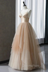 Champagne Tulle Gradient Tulle Straps Long Evening Dress, Charming Evening Gown