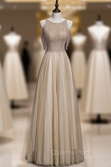 Champagne Tulle Hand Work Beading Long Evening Prom Dress