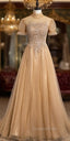 Champagne Tulle High Neck Backless Evening Prom Dress
