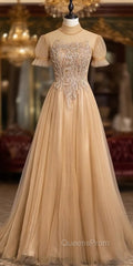 Champagne Tulle High Neck Backless Evening Prom Dress
