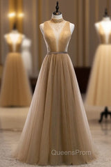 Champagne Tulle High Neck Pleats Beading Backless Long Evening Prom Dress