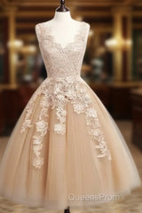 Champagne Tulle Lace Applique Short Evening Prom Dress, Homecoming Dress