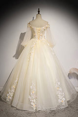 Champagne Tulle Lace Floor Length Evening Prom Dress, Off Shoulder Long Sleeve Evening Dress