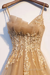 Champagne tulle lace long Evening Prom Dress champagne formal Dress