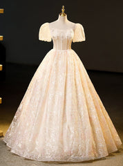 Champagne Tulle Lace Puff Sleeve Beading Quinceanera Dress
