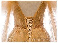 Champagne Tulle Lace V-neckline Beaded Unique Floor Length Party Dress, New Evening Prom Dress Evening Dress