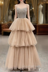 Champagne Tulle Layers Long A-Line Evening Prom Dress, Spaghetti Strap Beaded Evening Dress