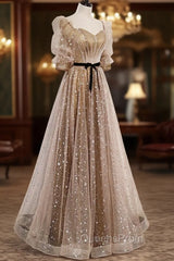 Champagne Tulle Long Party Dress, Short Sleeves A-line Evening Dress Evening Dress