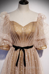 Champagne Tulle Long Party Dress, Short Sleeves A-line Evening Dress Evening Dress