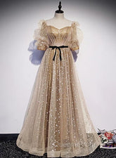 Champagne Tulle Long Party Dress, Short Sleeves A-line Evening Dress Evening Dress