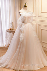 Champagne Tulle Long Evening Prom Dress, Spaghetti Strap Evening Dress with Bow