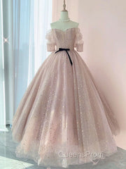 Champagne Tulle Long Evening Prom Dress ,Tulle Lace Evening Dress