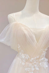Champagne Tulle Long Evening Prom Dress with Lace, Off the Shoulder Evening Dress