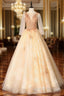 Champagne Tulle Long Sleeve Appliques Beading Quinceanera Dress