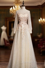 Champagne Tulle Long Sleeve Appliques Evening Prom Dress