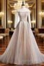 Champagne Tulle Long Sleeve Beading Evening Prom Dress
