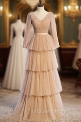 Champagne Tulle Long Sleeve V-neck Pleats Evening Prom Dress