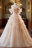 Champagne Tulle Off the Shoulder 3D Flower Evening Prom Dress