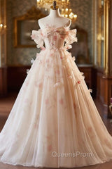 Champagne Tulle Off the Shoulder 3D Flower Evening Prom Dress