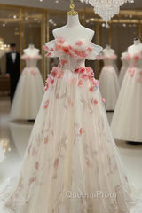 Champagne Tulle Off the Shoulder Flower Princess Evening Prom Dres