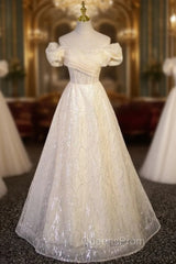 Champagne Tulle Off the Shoulder Sequins Evening Prom Dress