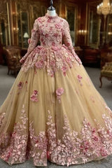 Champagne Tulle Pink 3D Appliques Long Sleeve Evening Prom Dress