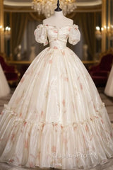 Champagne Tulle Print Off the Shoulder Beading Quinceanera Dress