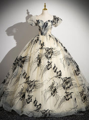 Champagne Tulle Print Off the Shoulder Quinceanera Dress