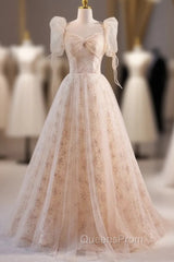 Champagne Tulle Puff Sleeve Evening Prom Dress