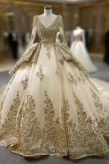 Champagne Tulle Sequins Appliques Long Sleeve Evening Prom Dress