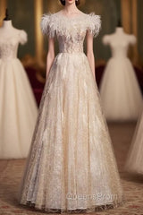 Champagne Tulle Sequins Beading Feather Evening Prom Dress