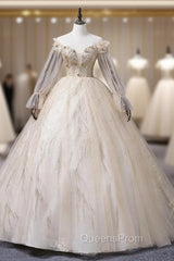 Champagne Tulle Sequins Beading Long Sleeve Quinceanera Dress