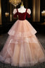 Champagne Tulle Sequins Burgundy Velvet Short Sleeve Evening Prom Dress